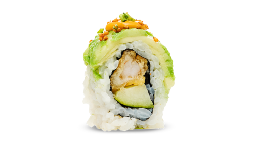 Yari Tempura Dragon på Sushi Yama. Tempuraräka och krispig gurka – toppad med avokado, chilimayo och kimchisesamfrön. Läckert och gott!