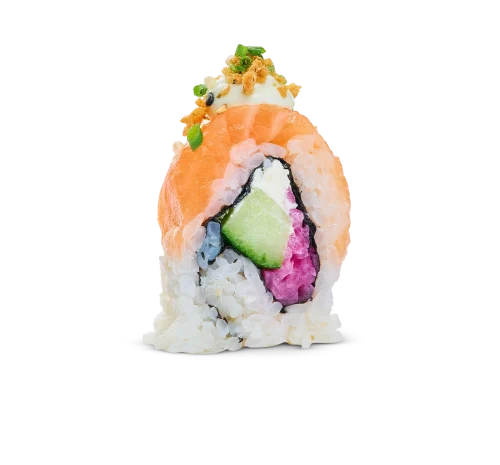 Norsk odlad lax, picklad rödlök, krispig gurka och färskost rullad i sushiris och noriblad. Toppas med tunna skivor lax, stingande wasabimajonnäs, krispig wasabi crumble och finhackad gräslök.