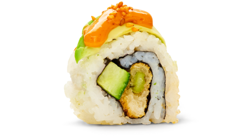 Tempura Asparagus Dragon – Tempura Asparagus, vår egna veganska twist av sparris som friteras med tempura och panko, rullad med krispig gurka – toppad med avokado-skivor, Vegan Kimchi Mayo och kimchisesamfrön. Läckert och gott!