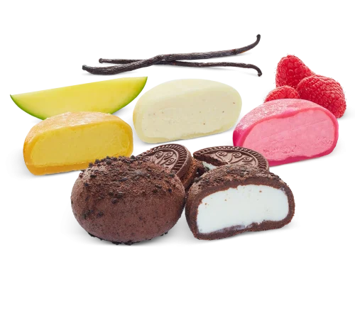 Mochi Ice Cream in verschiedenen Geschmacksrichtungen. Leckeres Mochi-Eis in den Sorten Vanille, Himbeere, Mango und Cookie Bites!