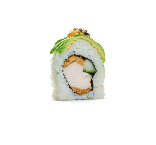 Tempura Dragon Chicken – tempurafriterad kyckling, vår egna veganska twist av sparris som friteras med tempura och panko, rullad med krispig gurka – toppad med avokado-skivor, Vegan Kimchi Mayo, teriyakisås och Wasabi Crumble. Läckert och gott!